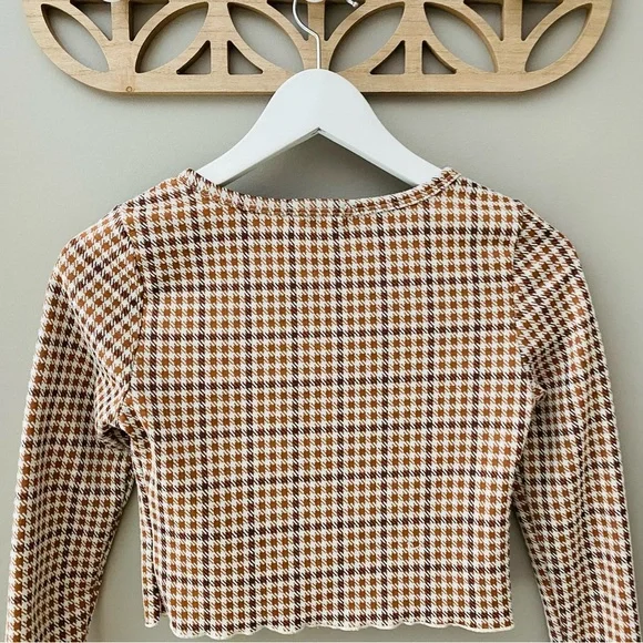 Altar'd State Button Up Crop Long Sleeve Top Brown/Cream Sz Small - Picture 9 of 10